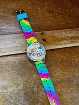 Sanrio Hello Kitty w Clear Rhinestones Rimming Face Wristwatch Watch w Rainbow - £11.68 GBP