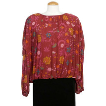 FREE PEOPLE Berry Red Wildflower Honey Floral Stretch Mesh Blouson Ruffle Top L - £31.31 GBP