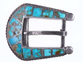 c1940&#39;s-50&#39;s Native American Silver and turquoise channel inlay belt buckle - £308.01 GBP