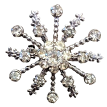 Vintage &#39;60s Snowflake Brooch Pin Starburst Silver Metal Rhinestone 1.5-... - $18.97