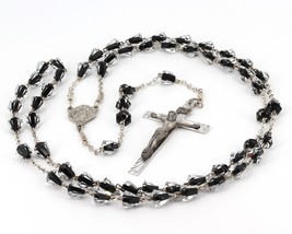 Vintage Sterling Catholic 5-Decade Rosary with Black &amp; Clear Cased Glass Beads - £47.18 GBP