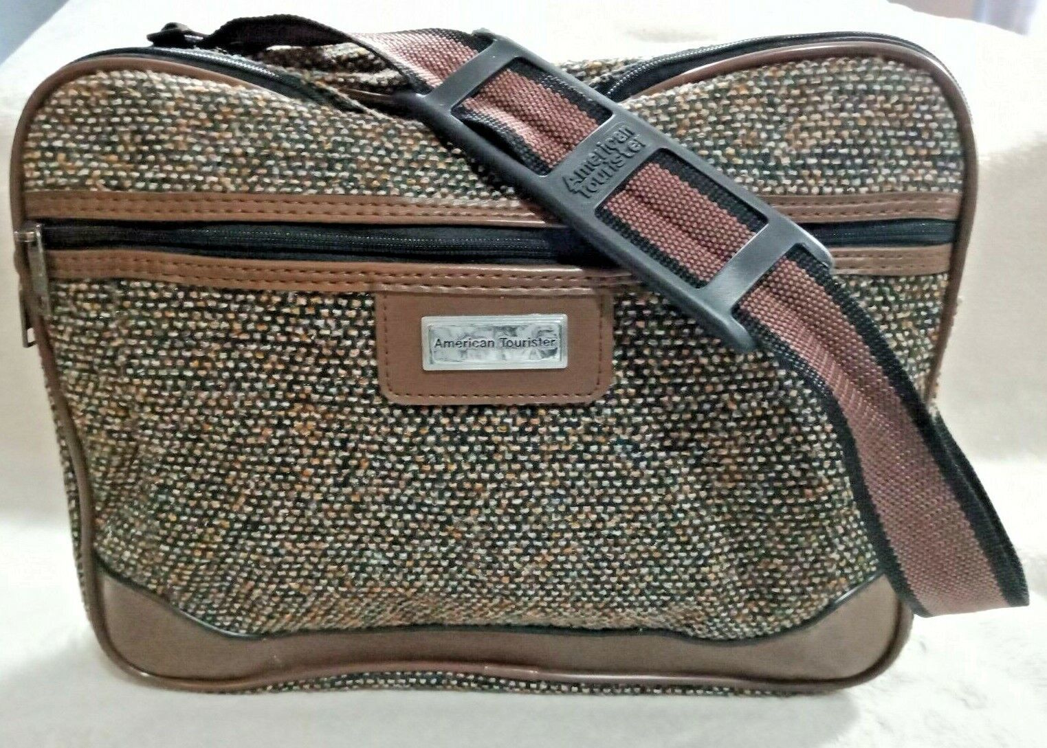 Vintage Official American Tourister Carry on Bag Luggage Brown Tweed Knit Strap - $16.28