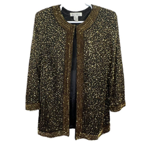 Vintage Niteline Silk Sequin Blazer Jacket Black Gold Size L Open Front Party  - £43.55 GBP