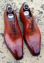 Handmade Burn Red Balmoral Decorative Medallion Toe Pure Leather Formal Shoes - $127.39