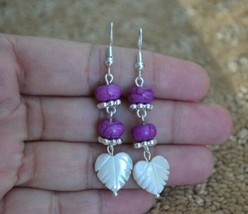 Handmade Purple turquoise disc Mother Of Pearl shell leaf Silver Plated Earring - $15.50