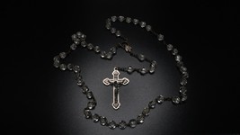 Vintage Silver Crystal Bead Laurel Leaf Cross Christian Rosary - £30.34 GBP