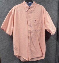 Tommy Hilfiger Men Large Short Sleeve Shirt Striped Peach Button Down Pocket VTG - £15.32 GBP