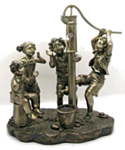 Fine Detailed Pewter Colored Poly Resin Sculpture Four Children at Water Pump  - £315.75 GBP