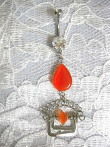 Bright Orange Cats Eye Droplet Art Deco Bollywood Dbl Clear Cz Belly Button Ring - £4.80 GBP