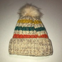 Striped Pom Pom Beanie Hat Cap Faux Fur Lining NEW - £7.87 GBP