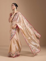 Cream Colour Zimmi Silk Zari Work Wedding Saree With Unstitched Blouse - £82.20 GBP