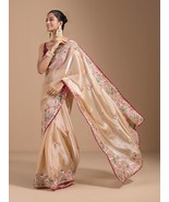 CREAM COLOUR ZIMMI SILK ZARI WORK WEDDING SAREE WITH UNSTITCHED BLOUSE - $110.00
