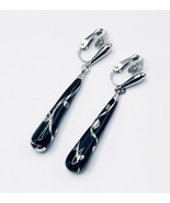 1960&#39;s Trifari Silver Plated and Black Glass Drop Clip On Earrings - £64.49 GBP