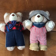 Vintage Lot of 2 Furskins Tan Teddy Bear with Red Striped Overalls & Denim Pants - $8.59