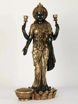 24&quot; Black and Golden Goddess Dhana Lakshmi Brass Statue Standing on Lotus - £864.20 GBP