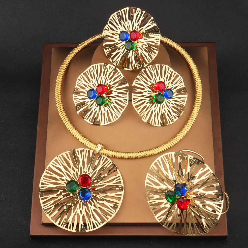 Italian Sets for Women Weddings Bride Zircon Stone Flower Big Earrings Necklace  - £42.87 GBP