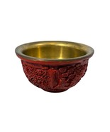 CHINESE CINNABAR FLORAL CARVED RED TRINKET BOWL ENAMEL &amp; BRASS 16cm - $121.79 CAD
