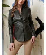 Leather Shirt Black Women Womens Sleeve Lambskin Blouse Button Size Long... - $140.00