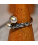 Vintage marcasite pearl bypass ring 925 sterling silver size 7.75 - £58.14 GBP