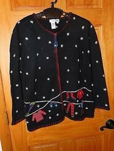 COLDWATER CREEK Vintage Black Zip Cardigan Sweater XL Christmas Mittens ... - £31.83 GBP