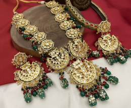 Gold Plated Bollywood Style Indian Green Kundan Necklace Long Haram Jewelry Set - £112.58 GBP
