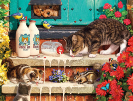 Framed Canvas Wall Art Print Birds Cats Kitten Drinking Milk Puppy Watching - £31.64 GBP+