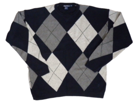 Nautica Mens Vintage Cotton Blue Gray Diamond Argyle Crew Neck Sweater L - £19.74 GBP