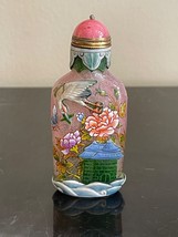 Vintage Pink Peking Glass Snuff Bottle Hand Painted Peonies &amp; Overlay Decoration - £236.07 GBP