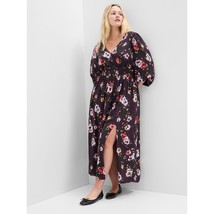 Gap Maxi Dress Long Sleeve V Neck Floral Slit Smocked Pockets Black XL - £19.21 GBP