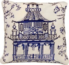 Throw Pillow Needlepoint Blue Pagoda 18x18 Antique White Cotton Velvet Back - £215.02 GBP