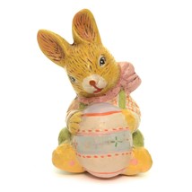 Vintage Ceramic Yellow Easter Bunny With Egg Figurine 4&quot; height - £5.51 GBP