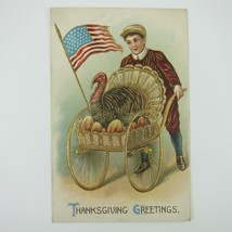 Thanksgiving Postcard Wild Turkey Cart American Flag Gold Embossed Antique 1908 - £7.94 GBP