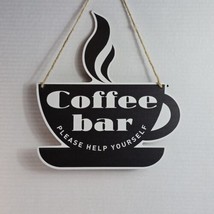 Wooden Wall Plaque Coffee Bar Please Help Yourself Black White Sign Home... - $9.88