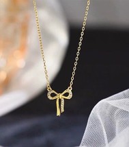 14K Gold Studded Hair Bow Necklace - 925 Silver, gift, chain, fine, sparkle - £33.65 GBP