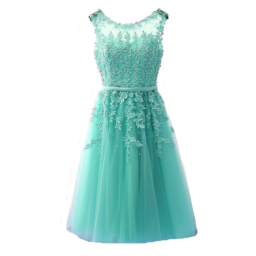 Kivary Sheer Bateau Tea Length Short Lace Prom Homecoming Dresses Mint Blue US 1