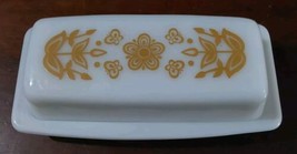 Pyrex Butter Dish Butterfly Gold White Flowers 2 pc Vintage Glass Ovenware Kitch - £18.02 GBP
