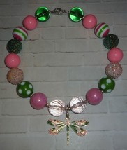 Pink &amp; Green Dragonfly Enamel Pendant Chunky Bubble Gum Bead Necklace for Girls - £15.85 GBP