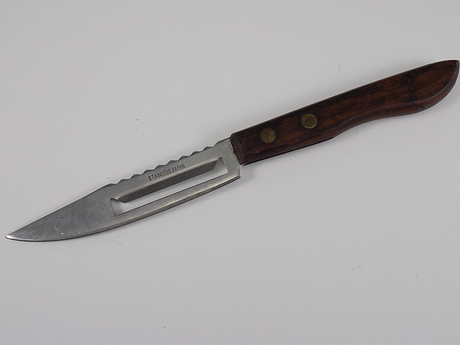 JAPANESE STAINLESS STEEL FRUIT CHEESE Slicing KNIVES Serrated Top Wooden... - $7.91