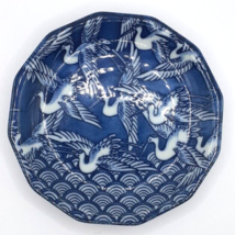 Dodecagon Porcelain Flying Cranes Trinket Tray 4.5&quot;  Blue &amp; White  Japan - £12.98 GBP
