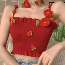 Rose Crochet Ruffle Cami Top | Women Vintage Retro Floral Tank Top Bustier #1154 - £31.44 GBP