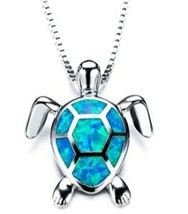 Turtle Pendant Necklace ~Imitation Blue Opal Rhinestone w/Silver Clavicle Chain - £11.95 GBP