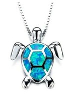 Turtle Pendant Necklace ~Imitation Blue Opal Rhinestone w/Silver Clavicl... - £11.77 GBP
