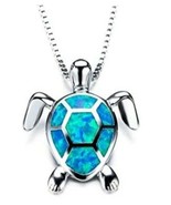 Turtle Pendant Necklace ~Imitation Blue Opal Rhinestone w/Silver Clavicl... - $284.83 MXN
