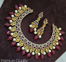 Indien Plaqué Or Bollywood Style Zircone Ad Bijoux Cou Collier Earrings Set - $56.98