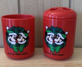 Vintage Christmas Disney Mickey &amp; Minnie Set Tumbler And Toothbrush Holder - £9.51 GBP