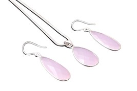 Sterling Silver Rose Quartz Gemstone Handmade Women Pendant Earrings Par... - £46.75 GBP