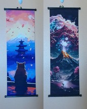 2 Japanese Art Print Wall Hanging Scroll Decor Cat/Volcano Scenery Lot - £38.70 GBP