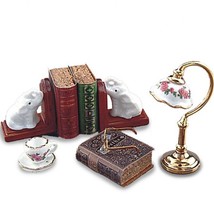 Desktop Set Reutter 1.876/6 Lamp Elephant Book Ends Tea Cup Dollhouse Miniature - £37.32 GBP