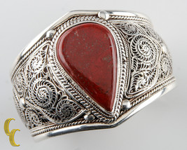 Sterling Silver Extra Wide Cuff Bracelet Orange Jasper Stone Unique Gift - $514.17