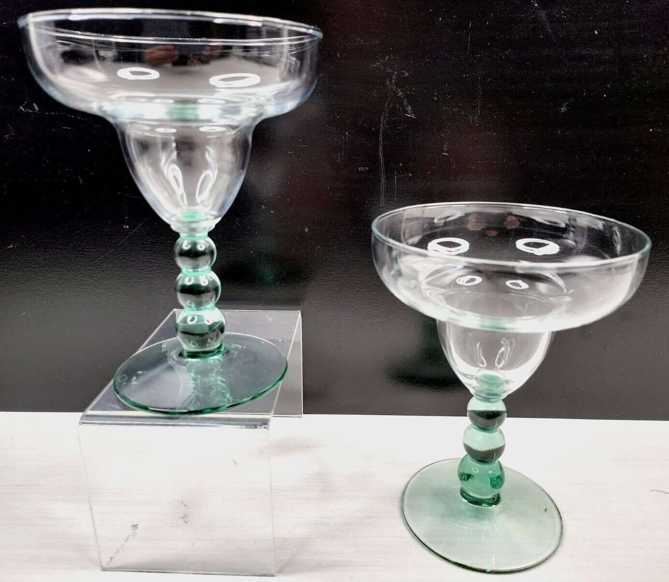 2 Libbey Metropolis Spanish Green Margarita Glasses Set Clear Bowl Ball ... - $29.67
